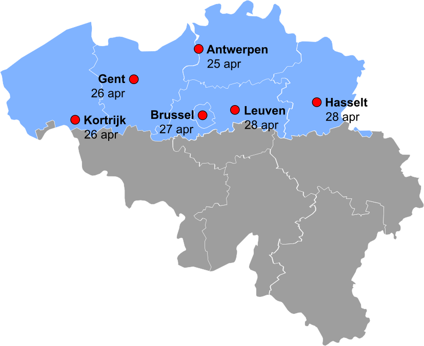 Kaart van Vlaanderen met de locaties waar de CERN een presentatie zal geven