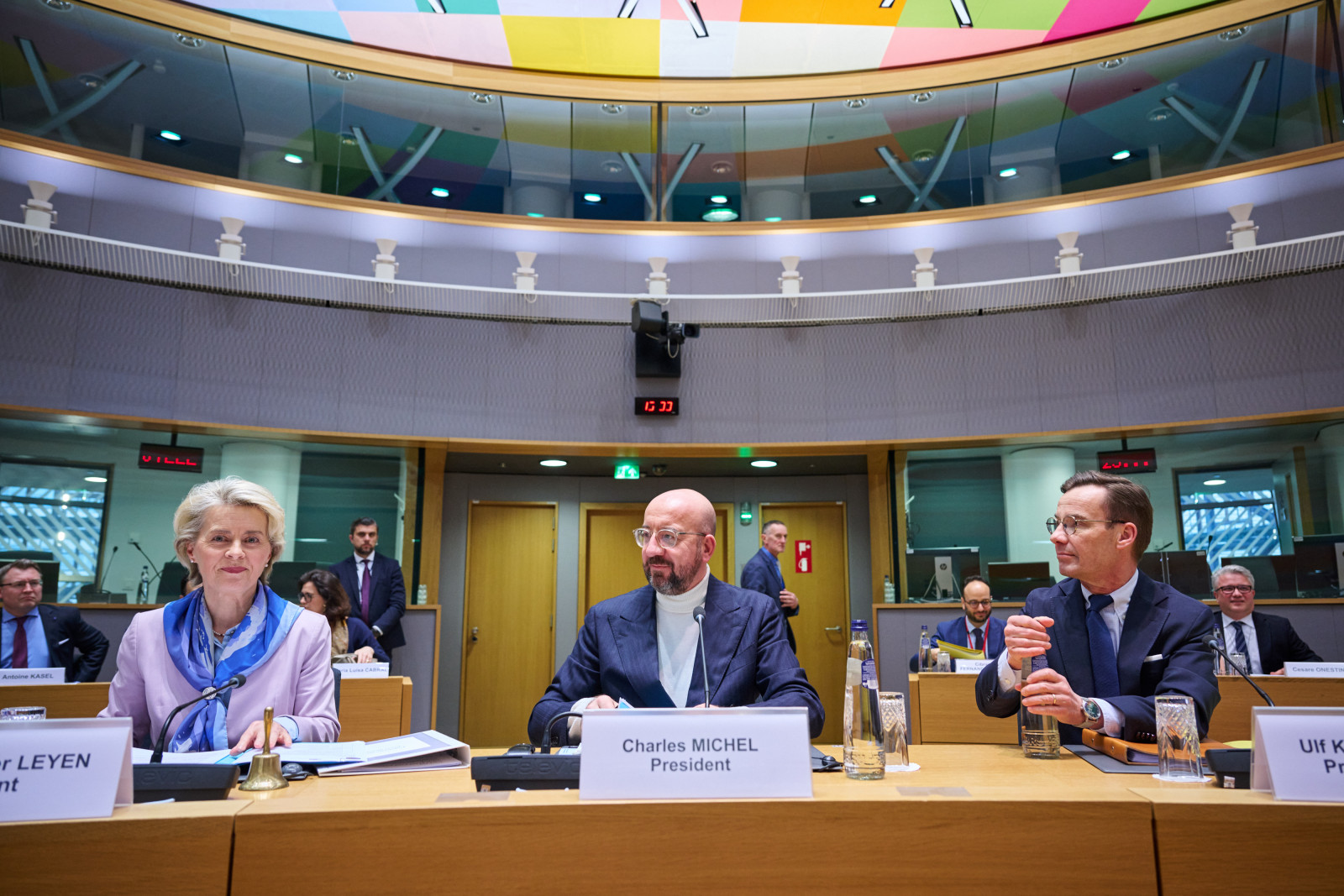 Ursula von der Leyen, Charles Michel and Ulf Kristersson, Swedish Prime Minister (from left to right)