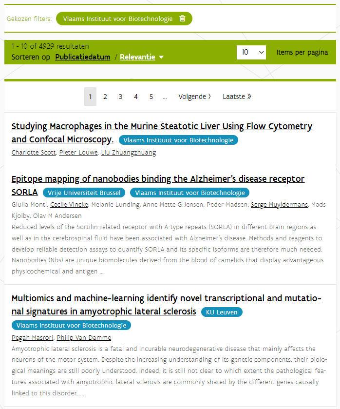 Screenshot van het zoekresultaat 'VIB' op Flanders Research Information Space