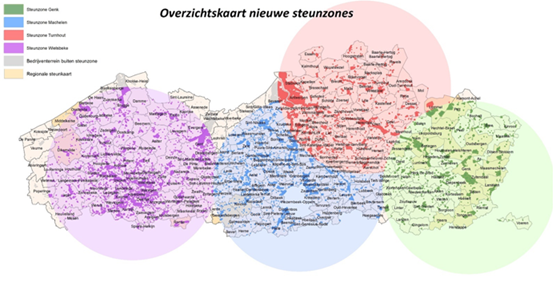 Kaart van Vlaanderen met een overzicht van de vier ontwrichte zones 