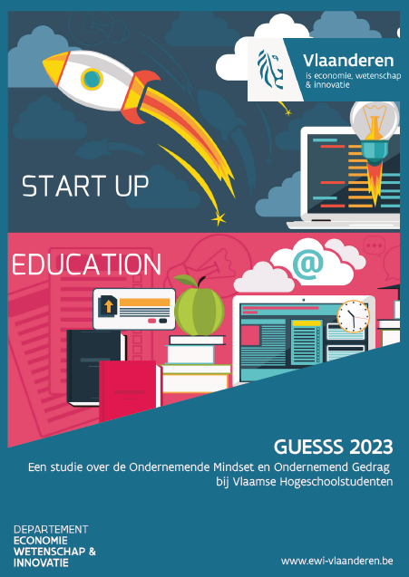 Cover met de woorden en symbolen voor education en start up